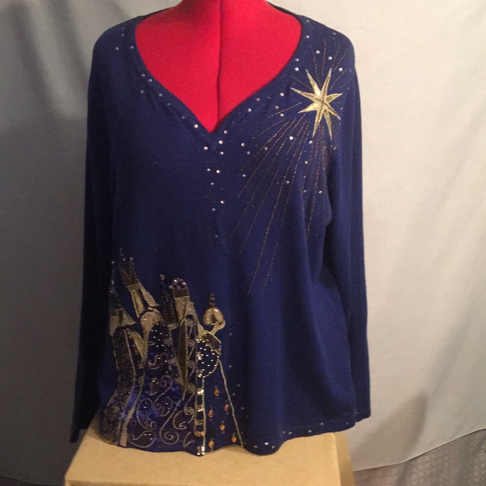 berek Navy Blue V-Neck Sweater with Gold Star & Embellished Nativity Scene